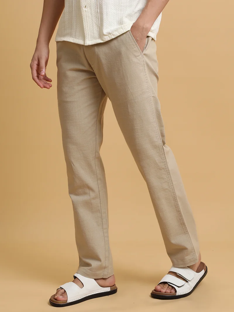 Maniac  Maniac Mens Italy Linen Solid Beige Cotton Trouser for Men | Best Price UAE